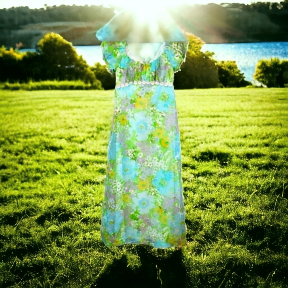 Vintage 1960s Hippie Woodstock Daisy Empire Maxi Dress - Picture 2 of 16